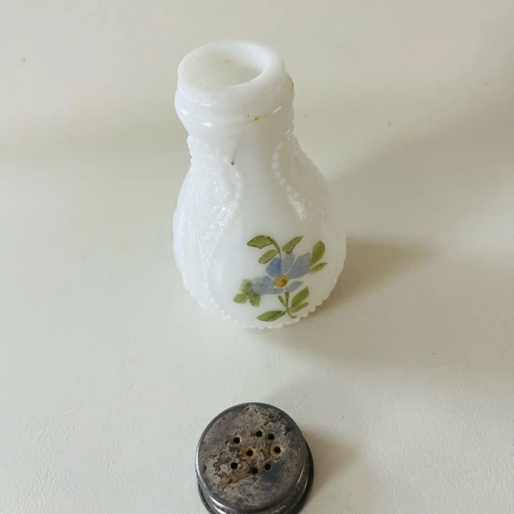 Vintage Milk Glass Salt Shaker with Floral Design and Metal Lid